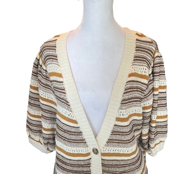House of Harlow 1960 - NWT Puff Sleeve Stripe Chocolate Brown Cardigan Sz M - Picture 3 of 8